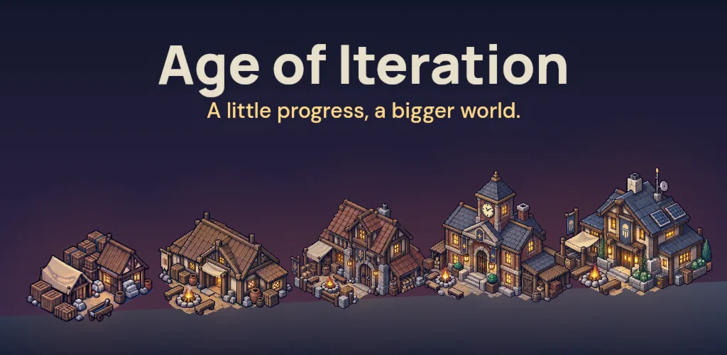 Age of Iteration, a little progress, a bigger world: five camps in a row, from a stone-age tent to a space-age town with solar panels.