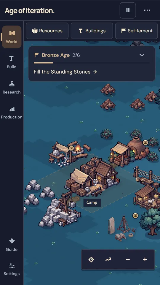 The game on a phone: a small Bronze Age camp in a forest clearing, working toward the Standing Stones.
