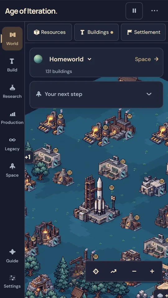 A rocket on its launch pad among the factories of a homeworld of 131 buildings.
