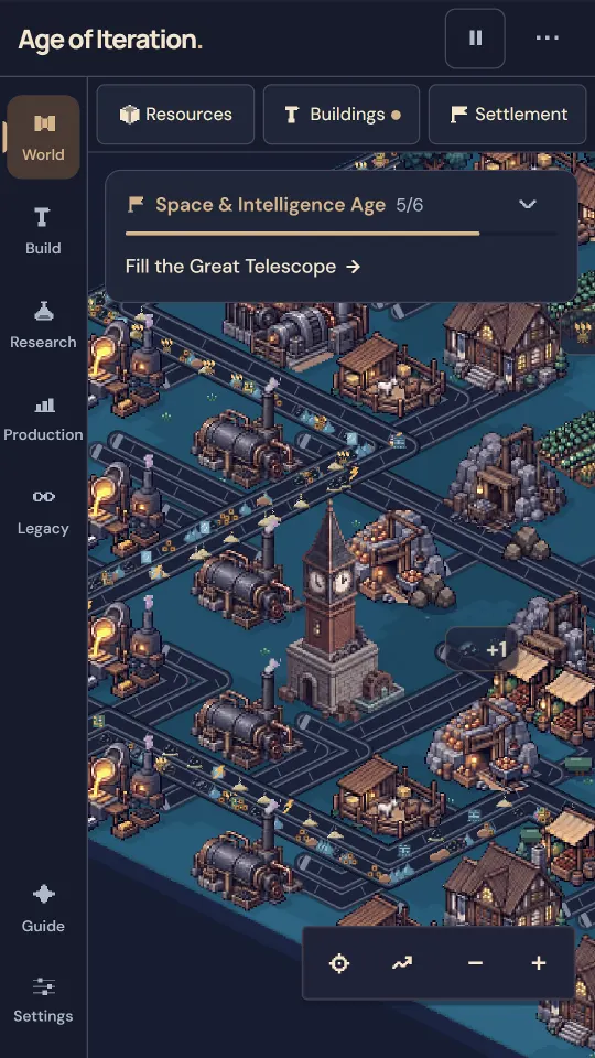 An industrial town of steam engines and foundries on conveyor belts around the Clock Tower.
