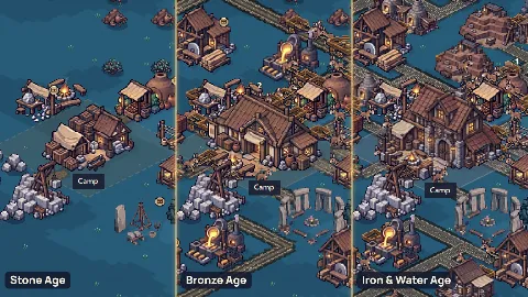 The same camp in the Stone, Bronze and Iron & Water Ages, side by side