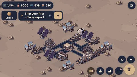 A colony of solar panels and domes on a desert world